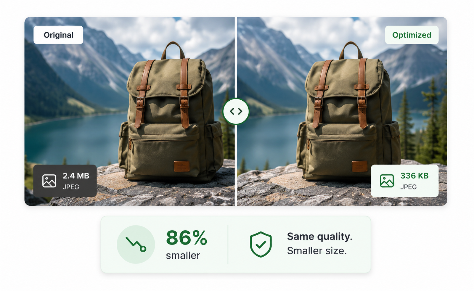Side-by-side product image comparison showing a smaller optimized JPEG with the same visual quality.
