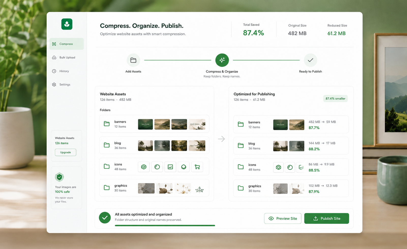 Website image compression dashboard showing page assets optimized with file size savings